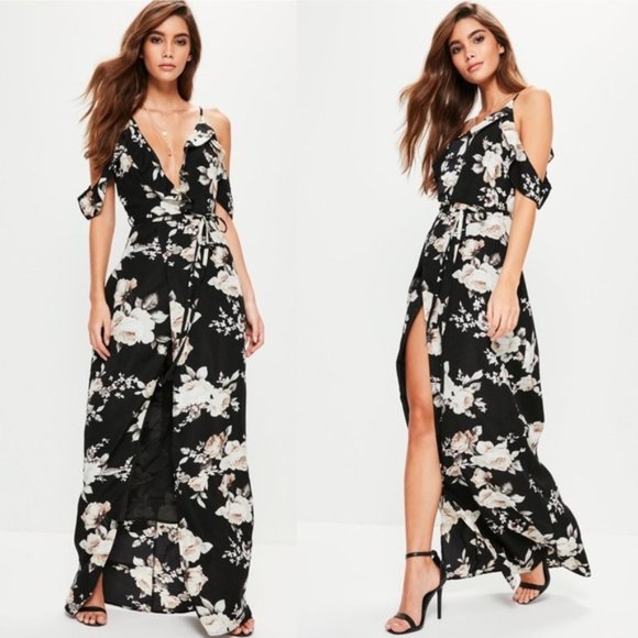 Missguided Dresses & Skirts - Misguided black floral cold shoulder maxi dress 2